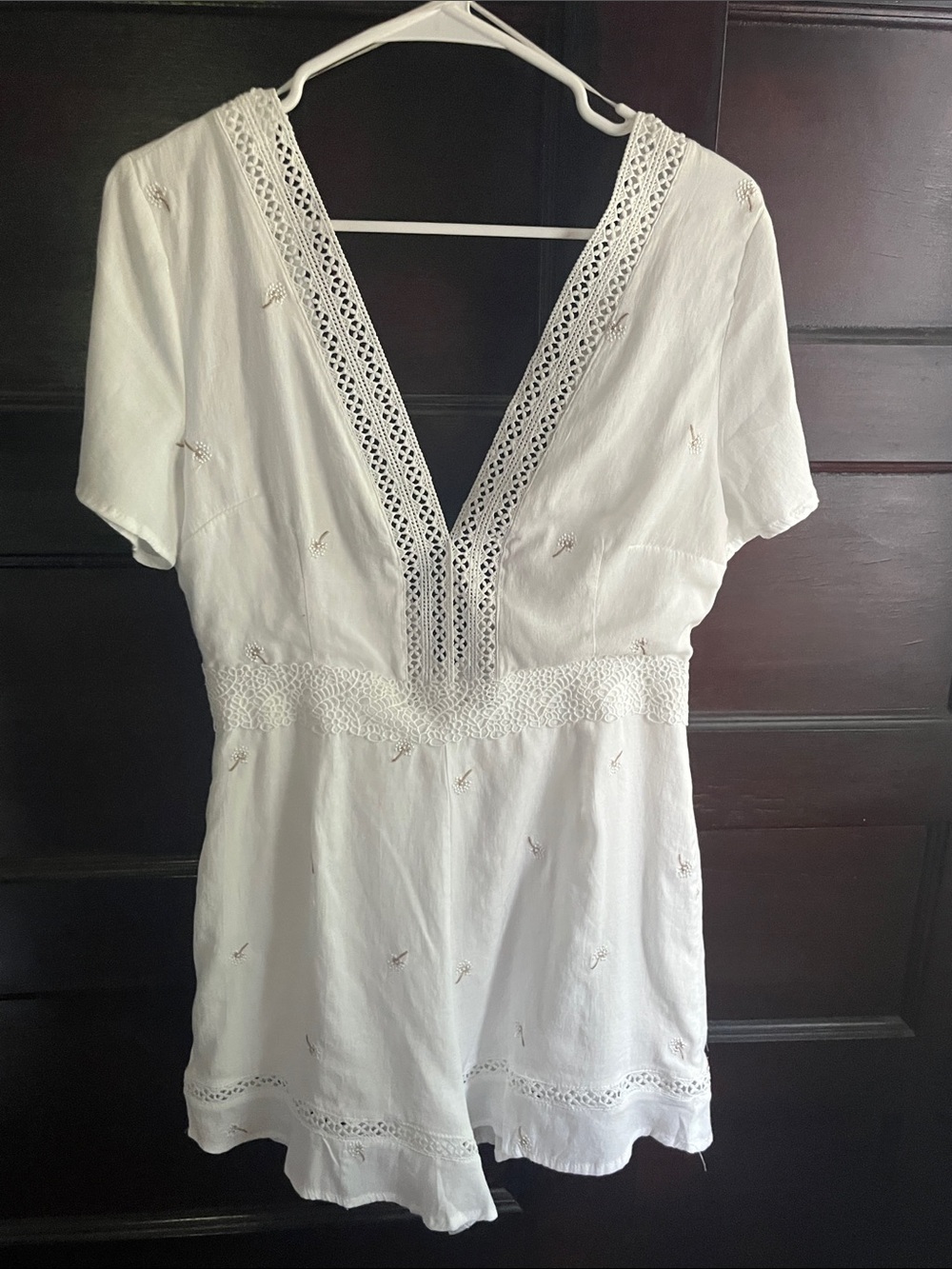 Amiana White Crochet-Trim V-Neck Romper